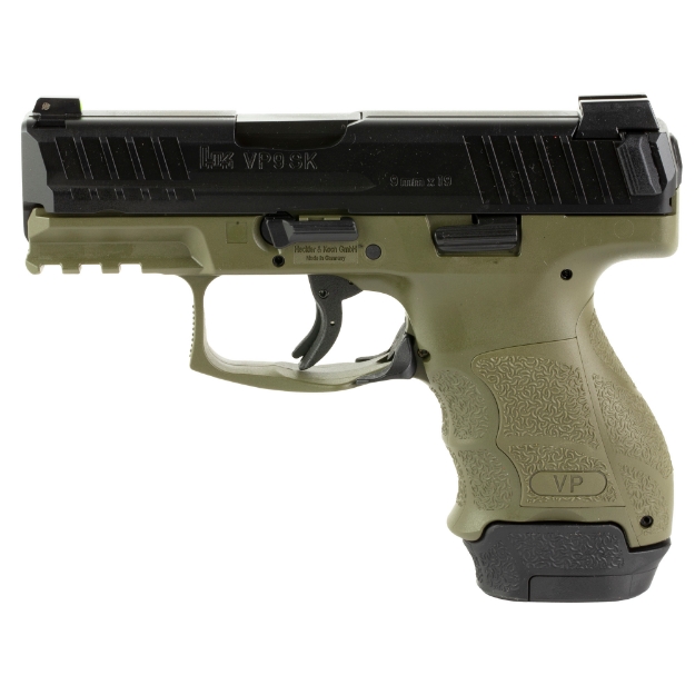 Picture of HK VP9SK - Striker Fired - Semi-automatic - Polymer Frame Pistol - Sub-Compact - 9MM - 3.39" Barrel - Matte Finish - Green - 3 Dot Sights - 15 Rounds - 2 Magazines - (1)-15 Rounds and (1)-12 Rounds 81000814