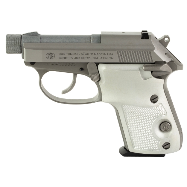 Picture of Beretta 3032 Tomcat Ghostbuster - Double Action/Single Action - Semi-automatic - Metal Frame Pistol - 32 ACP - 2.9" Threaded Barrel - Aluminum - Cerakote Finish - Silver/Ghostbuster - Plastic Grips - 7 Rounds - 1 Magazine SPEC0698A