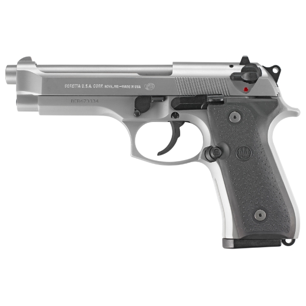 Picture of Beretta 92FS INOX - Double Action/Single Action - Semi-automatic - Metal Frame Pistol - Full Size - 9MM - 4.9" Barrel - Alloy - Stainless INOX Finish - Rubber Grips - 10 Rounds - 2 Magazines JS92F510