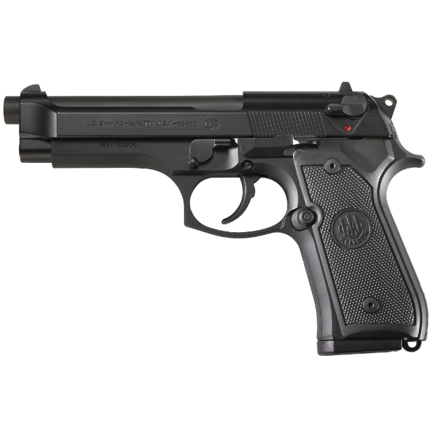 Picture of Beretta M9 - Double Action/Single Action - Semi-automatic - Metal Frame Pistol - Full Size - 9MM - 4.9" Barrel - Alloy - Matte Finish - Black - Polymer Grips - Fixed Sights - Ambidextrous Safety - 10 Rounds - 2 Magazines J92M9A0