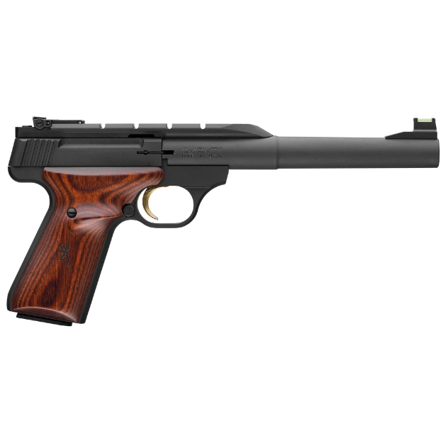 Picture of Browning Buck Mark - Hunter - Semi-automatic - Metal Frame Pistol - 22LR - 7.25" Bull Barrel - Aluminum - Matte Finish - Black - Wood Grips - Fiber Optic Front Sight - 10 Rounds - 1 Magazine 051499490