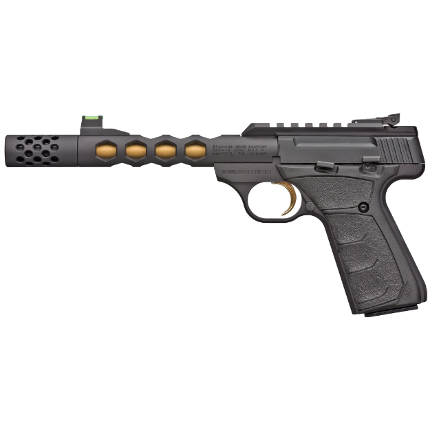 Picture of Browning Buck Mark Plus Vision - Semi-automatic - Metal Frame Pistol - 22LR - 5.875" Threaded Skeletonized Barrel - Threaded 1/2x28 - Aluminum - Gold Cerakote Finish on Inner Barrel - Black Anodized Finish on Outer Barrel - UFX Grips - Adjustable Rear Sight/Fiber Optic Front Sight - 10 Rounds - 2 Magazines - Compensator 051573490