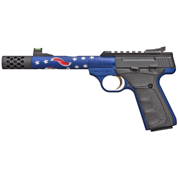 Picture of Browning Buck Mark Plus Vision - Semi-automatic - Metal Frame Pistol - 22LR - 5.875" Threaded Skeletonized Barrel - Threaded 1/2x28 - Aluminum - Red Cerakote Finish on Inner Barrel - Blue Anodized Finish on Outer Barrel with Stars - UFX Grips - Adjustable Rear Sight/Fiber Optic Front Sight - 10 Rounds - 2 Magazines - Compensator 051572490