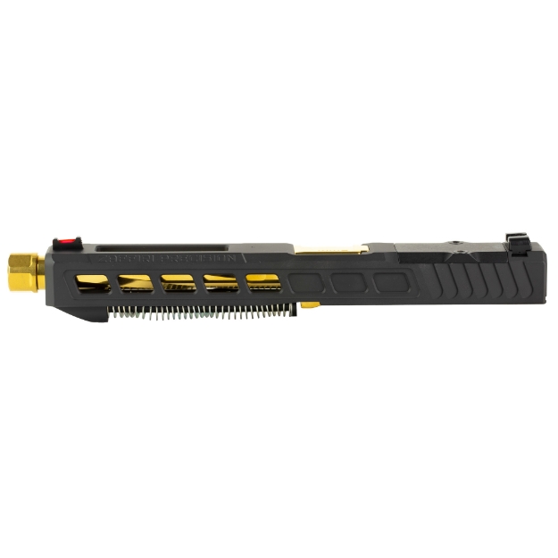 Picture of Zaffiri Precision ZPS.3 - Optics Ready Complete Slide - RMR Footprint - Lightening Cuts - Threaded TiN Gold Barrel - HD Fiber Sights - Cerakote Finish - Armor Black - For Glock 34 Gen 3 - Gen 3 Upper Parts Kit w/Polymer Recoil Spring Assembly - Includes Black Anodized Optics Plate Cover and Screws ZPS.3.34.BLK.CU