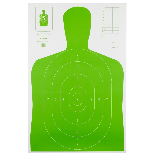 Picture of Action Target B-27E High Visibility Target - Fluorescent Green - Silhouette Cut Off Below Ring 7 - 23"x35" - 100 Per Box B-27E-LGR-100