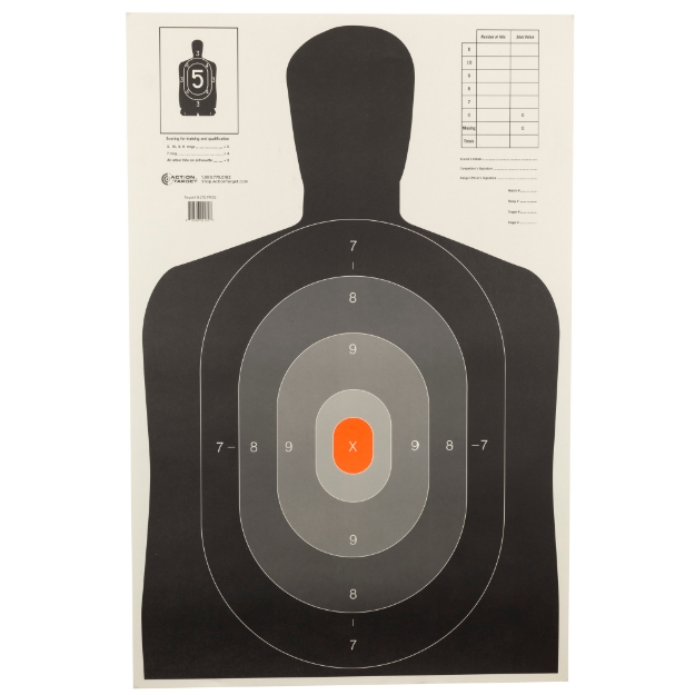 Picture of Action Target B-27E Pros Target - Shaded Scoring Rings Starting Outside And Going Dark To Light With A Bright Orange Center - Silhouette Cut Off Below Ring 7 - 23"x35" - 100 Per Box B-27EPROS-100