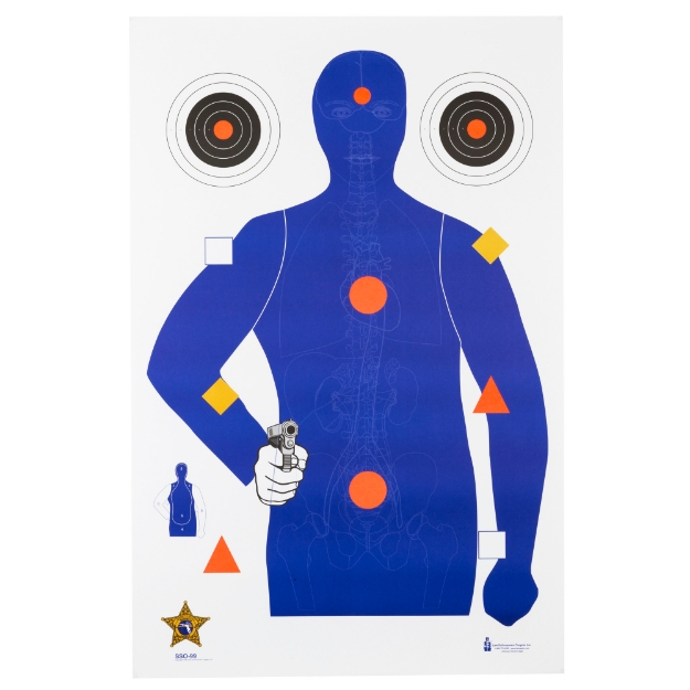 Picture of Action Target SSO-99 - Sheriff's Office Sarasota Co. (FL) Modifies B21E Target With Vital Anatomy - Blue/Red/Gold/Black - 23"x35" - 100 Per Box SSO-99-100