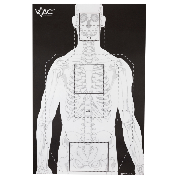 Picture of Action Target VTAC-P - Viking Tactics Double Sided Advanced Training Target - Marksmanship Side Has 4 SR-1C Bulls-Eye Target w/1" Square Sighting Grid - Silhouette Side w/Visible Skeleton - Black/White - 23"x35" - 100 Per Box VTAC-P-100