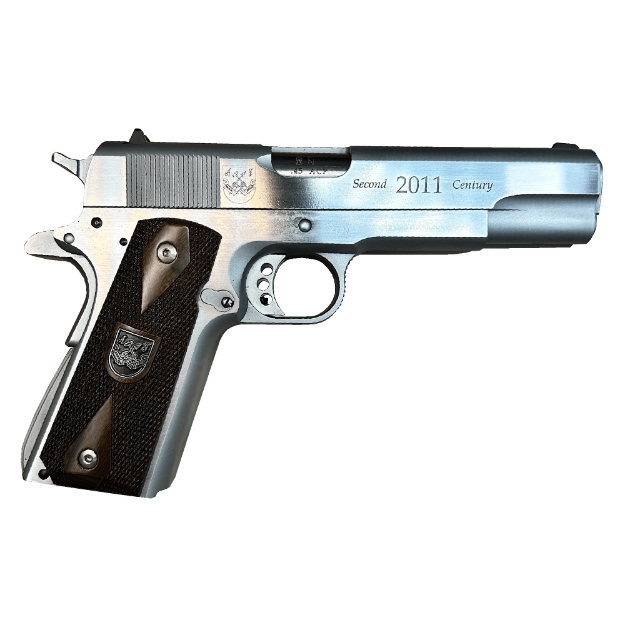 Picture of American Precision Firearms Second Century - 1911 - Semi-automatic - Single Action - Double Barrel - Steel Framed Pistol - 45ACP - 5" Barrels - Brushed Stainless Steel - Silver - Wood Grips - 7+7 Rounds - 2 Magazines AFA1-45-SS-14