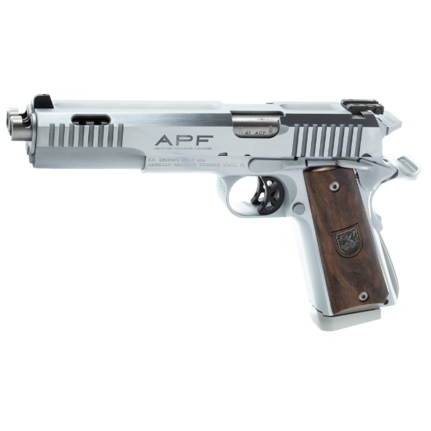 Picture of American Precision Firearms Prismatic - Dueller - 1911 - Semi-automatic - Single Action - Double Barrel - Steel Framed Pistol - 45ACP - 5" Barrels - Brushed Finish - Stainless Steel - Wood Grips - 7+7 Rounds - 2 Magazines AFDP-45-SS-14