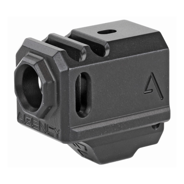 Picture of Agency Arms Glock 43 Compensator - Features two chamber design-2 vertical ports and 2 side venting ports - Front sight hole - Two set screws with an Allen Wrench and a vial of Rockset are included in package - Compatible with the Glock 43 - Standard 1/2 x 28 thread pitch - Black Finish 417-G43-BLK