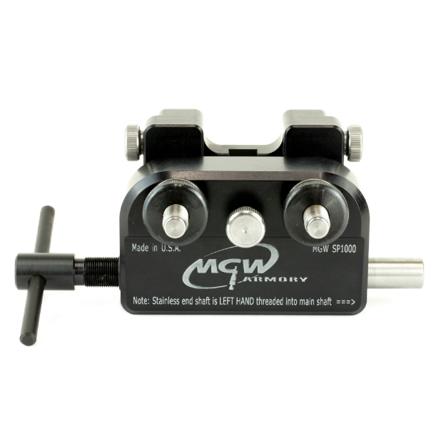 Picture of MGW Armory MGW Armory - Sight Tool - Universal Fit - Full 1.750" Front Sight Reach Capacity on Most Every Model on the Market - Uses Shoe Plates Specific to a Handgun Make/Model. Includes 30 Degree Angled and Straight Sided Standard Block. Support Shaft Can Be Removed with a Standard 1/4" Hex Allen Key to Swap Out Blocks - Shoe Plates Sold Separately. MGWSP1000